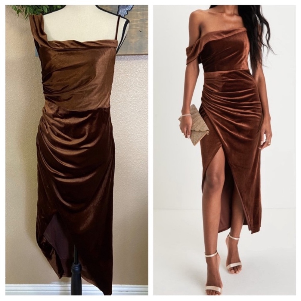 Lulus Showing Off a Little Brown Velvet Asymmetrical Tulip Midi Dress